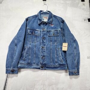 Wrangler Rugged Wear Mens Denim Jacket Blue Embroidered Cowboy Gathering Size L